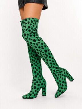 Neon Green Spotted Thigh High Boots 💚 Statement Chunky Heel GoGo Boots